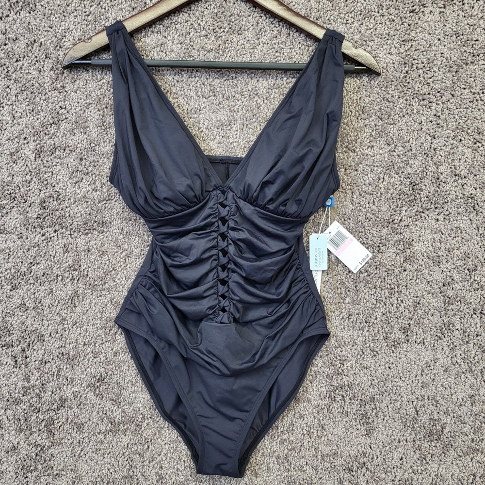 Bleu Rod Beattie Swimsuit Women 6 Black NEW Ruched V-Neck One Piece Swimwear